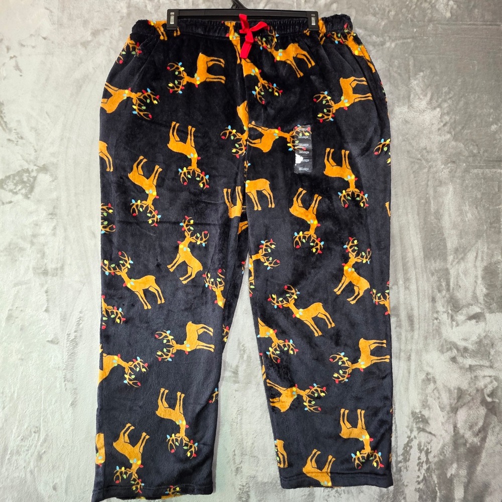 Under Disguise Mens XL Reindeer Christmas Fleece Pajama Pants Black NWT
